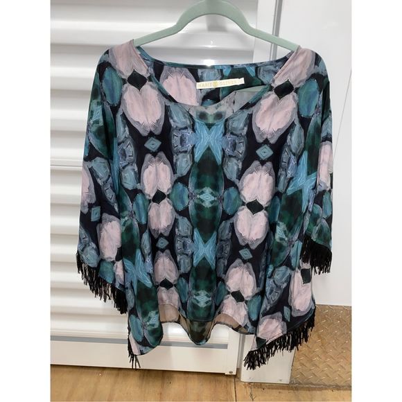 Marie Oliver Abstract Fringe Blue Pink Pullover Size large , MSRP $268 - Picture 7 of 9
